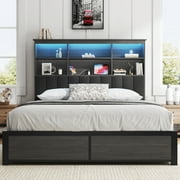 Lifezone Bookcase Beds Queen Bed Frame with Wooden Platform, Rustic Grey