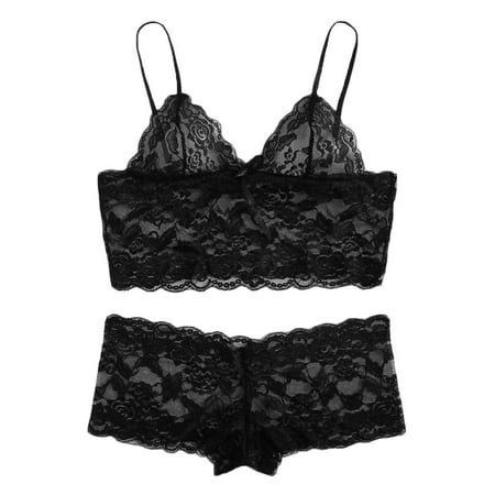 

QWERTYU Womens Pajama Sets 2 Piece Lace Cami Crop Top Shorts Set Lounge Lingerie Nighty Black M