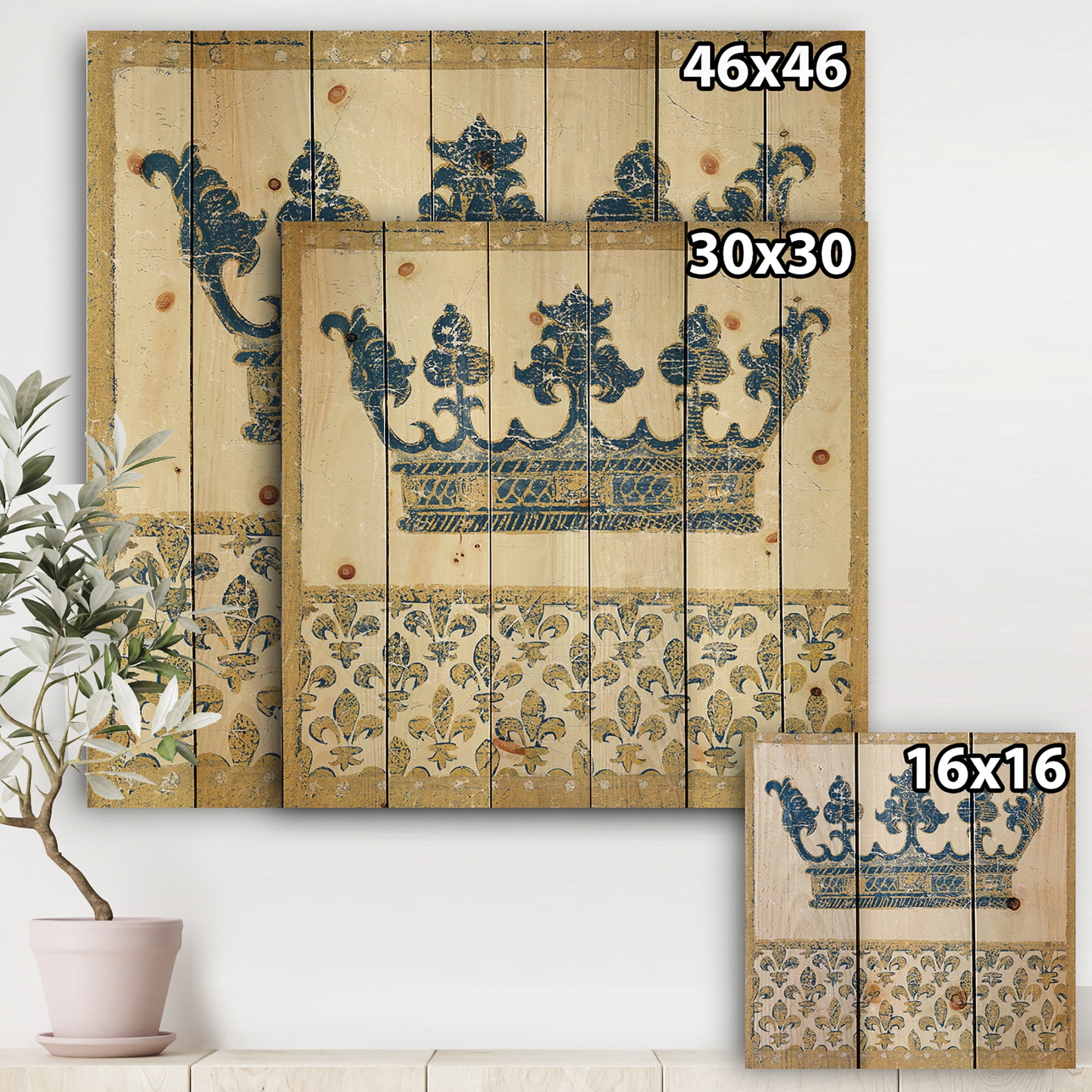 Designart 'Gold Crown Fleur de Lis' Ornate Glam Print on Natural Pine Wood