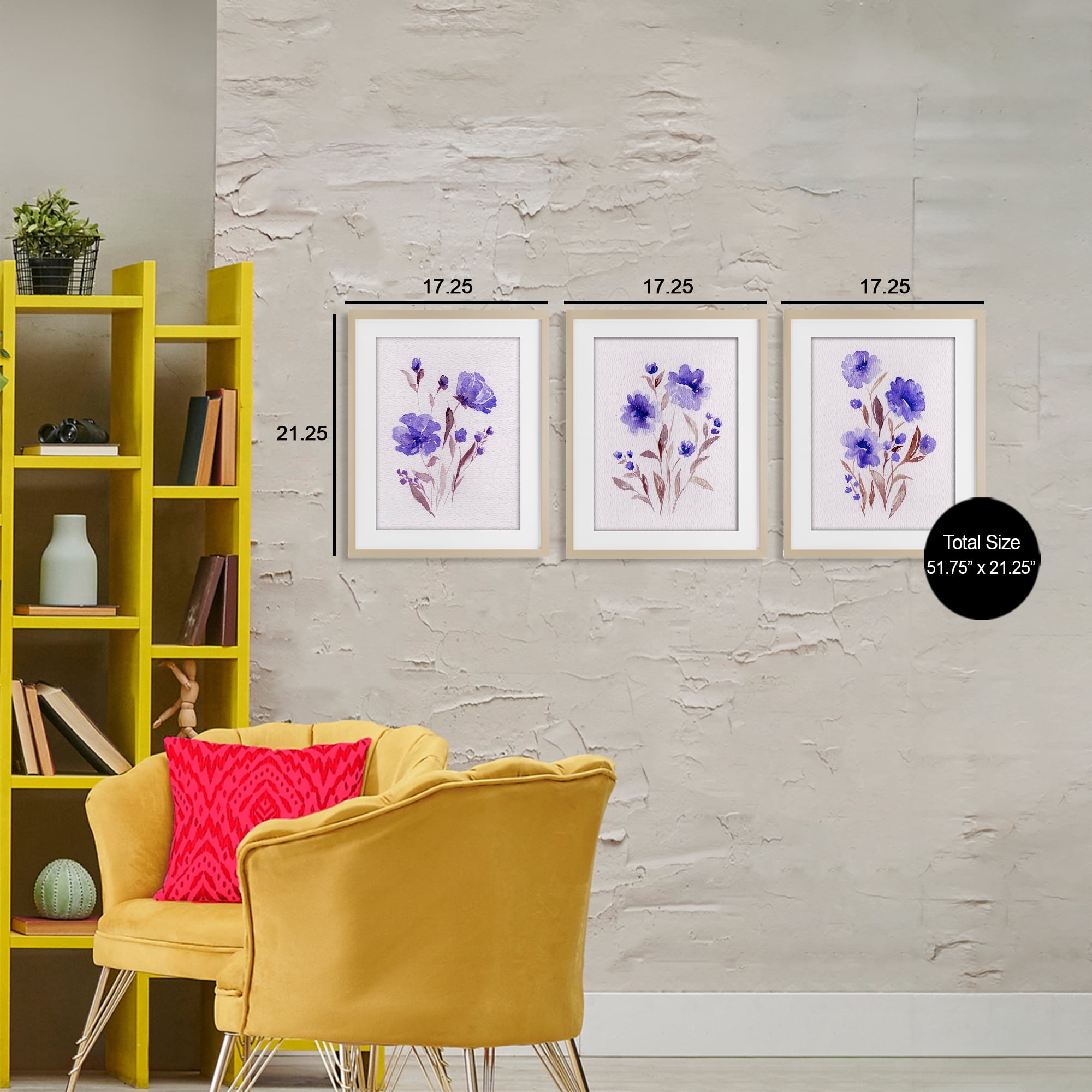 Stupell Industries Watercolor Purple Blooms 3 Piece Birch Framed Print Under Glass Set, design by Leah Noel Art