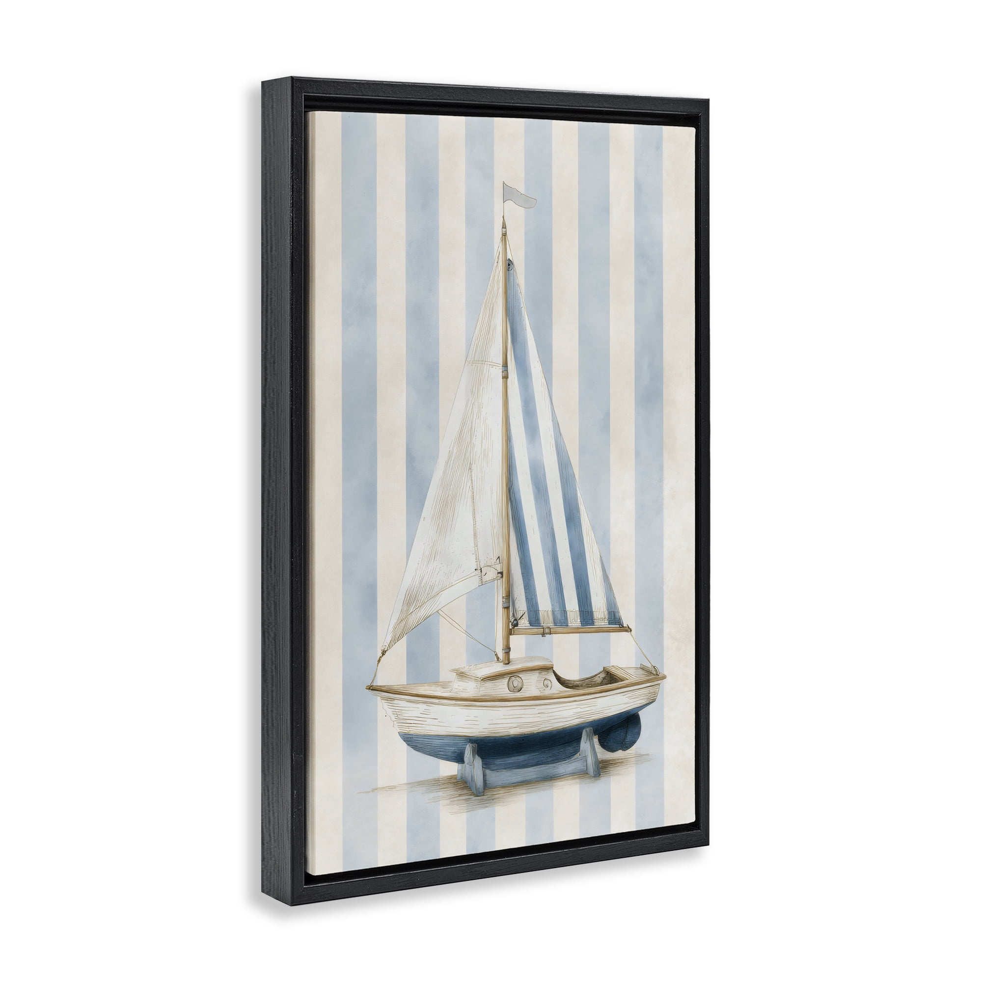 Stupell Industries Seaside Stripes Sailboat Black Framed Floater Canvas Wall Art, design by Petal Prints Design