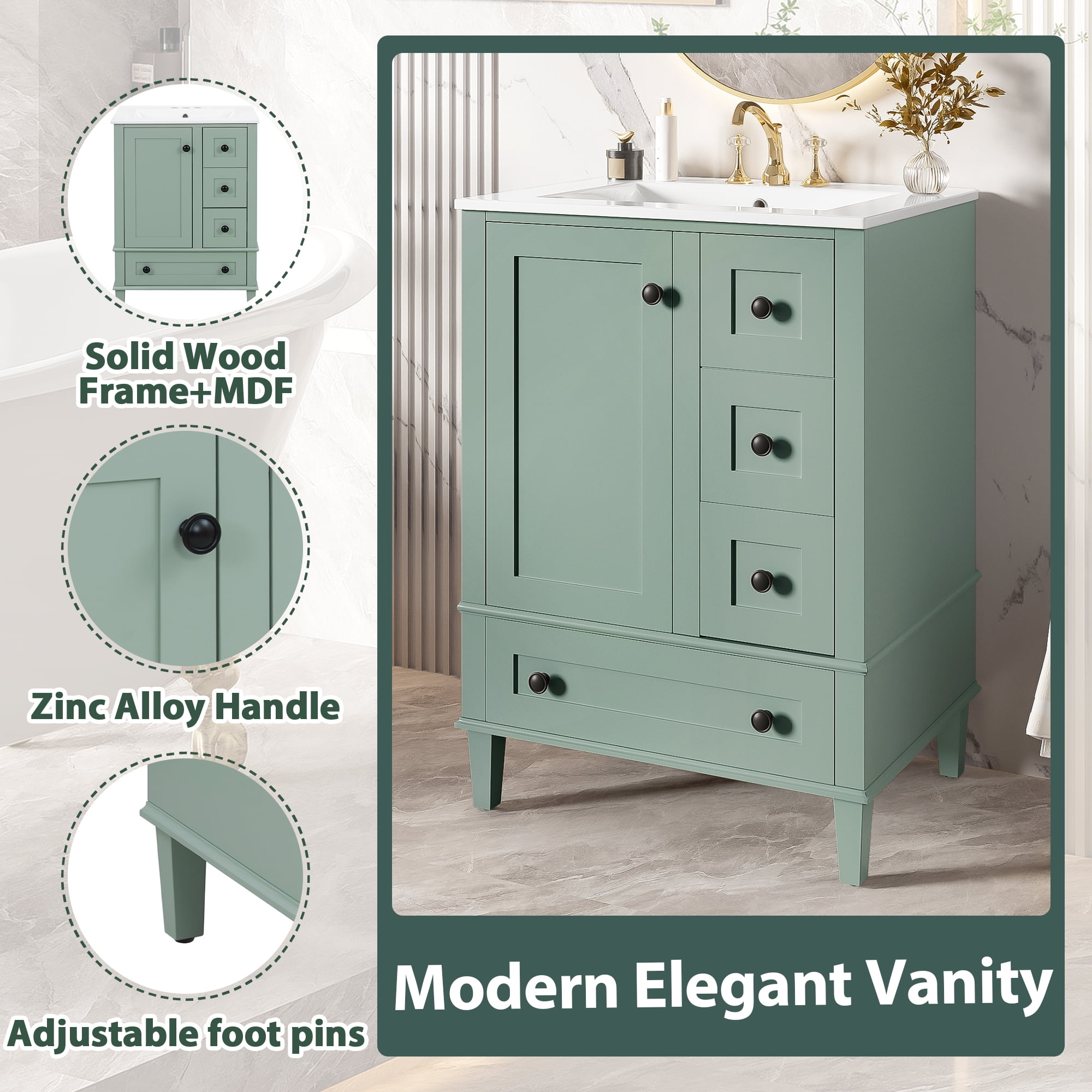 Euroco 24-inch light green bathroom vanity with an integrated ceramic basin, featuring a door-mounted double-layer shelf, soft-close drawers, and a soft-close cabinet door