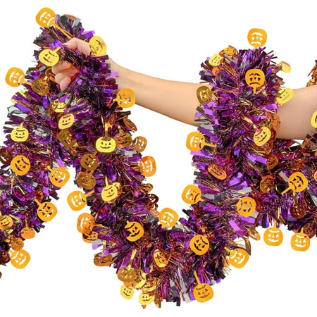 52.5 Ft Halloween Tinsel Garland Decorations, Spooky Pumpkin Shiny Metallic Twist Garland, Black Orange Purple Glitter Pumpkin Hanging Garlands for Halloween Party Home Mantle Golf Cart Decor