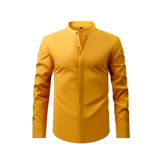 pstuiky camisa de manga larga para hombre, Camisa de negocios tipo cárdigan con cuello alto liso a la moda para hombre con botones camisetas de hombre s