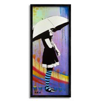 Urban Paint Drip Bold Patterned Girl & Umbrella Abstract Painting Framed Art Print Wall Art