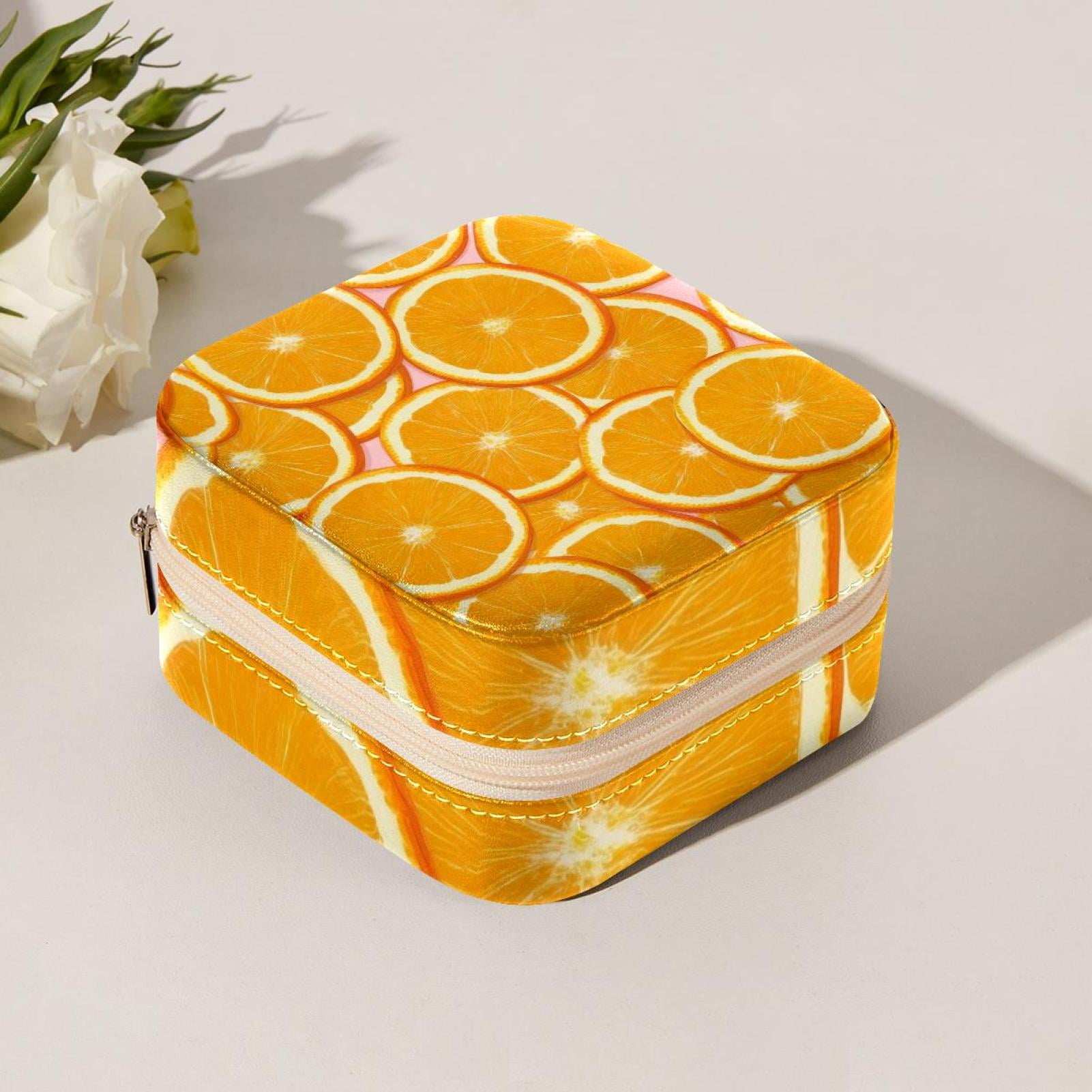 PhooArto Small Jewellery Box, Orange Slices Background Portable Travel Mini Jewelry Case for Women Leather Ring Organizer