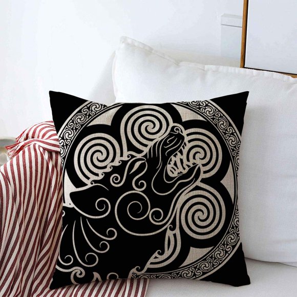 Starotor Throw Pillow Covers 18" x 18" History Ancient Wolf On Celtic Howling Viking Sacred Asgard Black White Danger Darkness Design Cushion Case Cotton Linen for Winter Home Decoration
