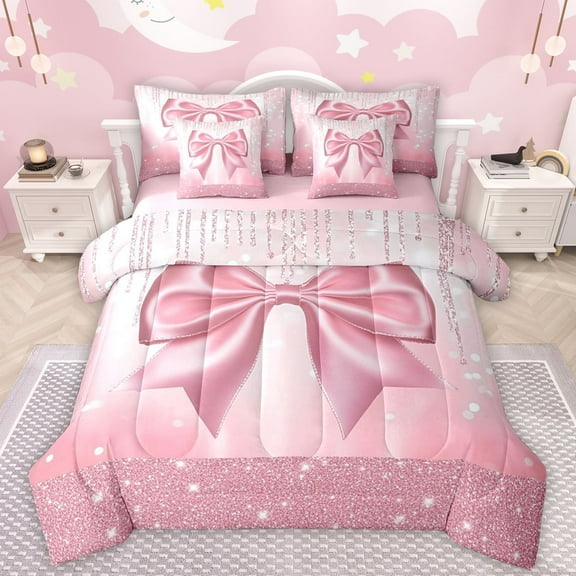 Manfei Lovely Bow Bowtie 7-Piece Twin Bedding Sets,Ribbon Bowknot Bedding Comforter Set,Pink Sparkling Print Sheet Sets For Girls,Luxury Bedroom Decor Reversible