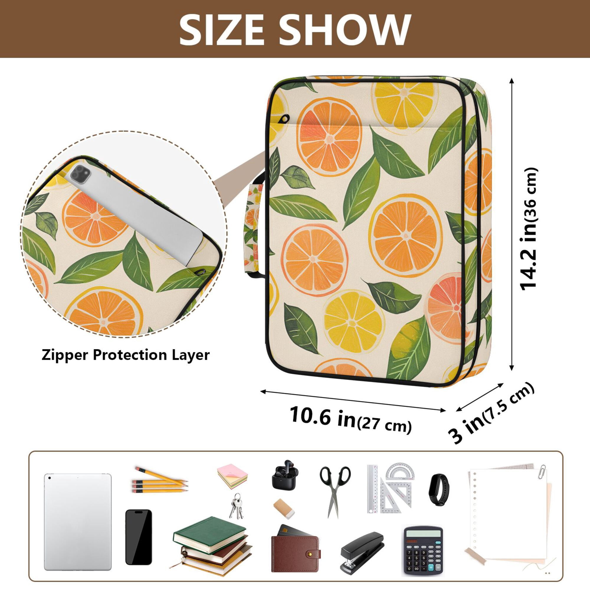 FORMRS Accordion File Folder A4 Size 7-Pocket Expanding Document Organizer Bag with 3 Ring Binder, Beige Citrus Leaves