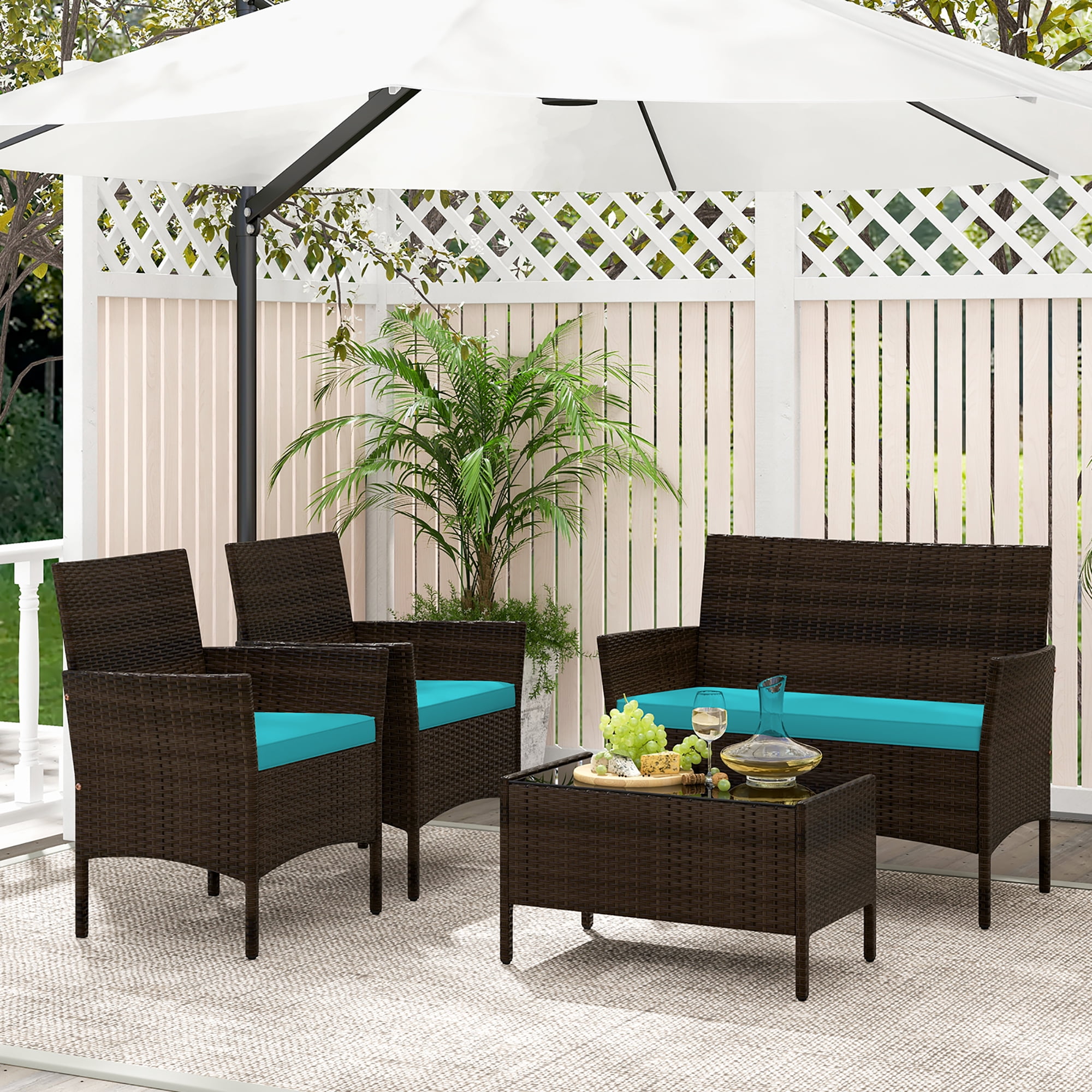 Gymax 4 Piece Patio Rattan Conversation Set Wicker Furniture Set w/ Chair Loveseat Outdoor