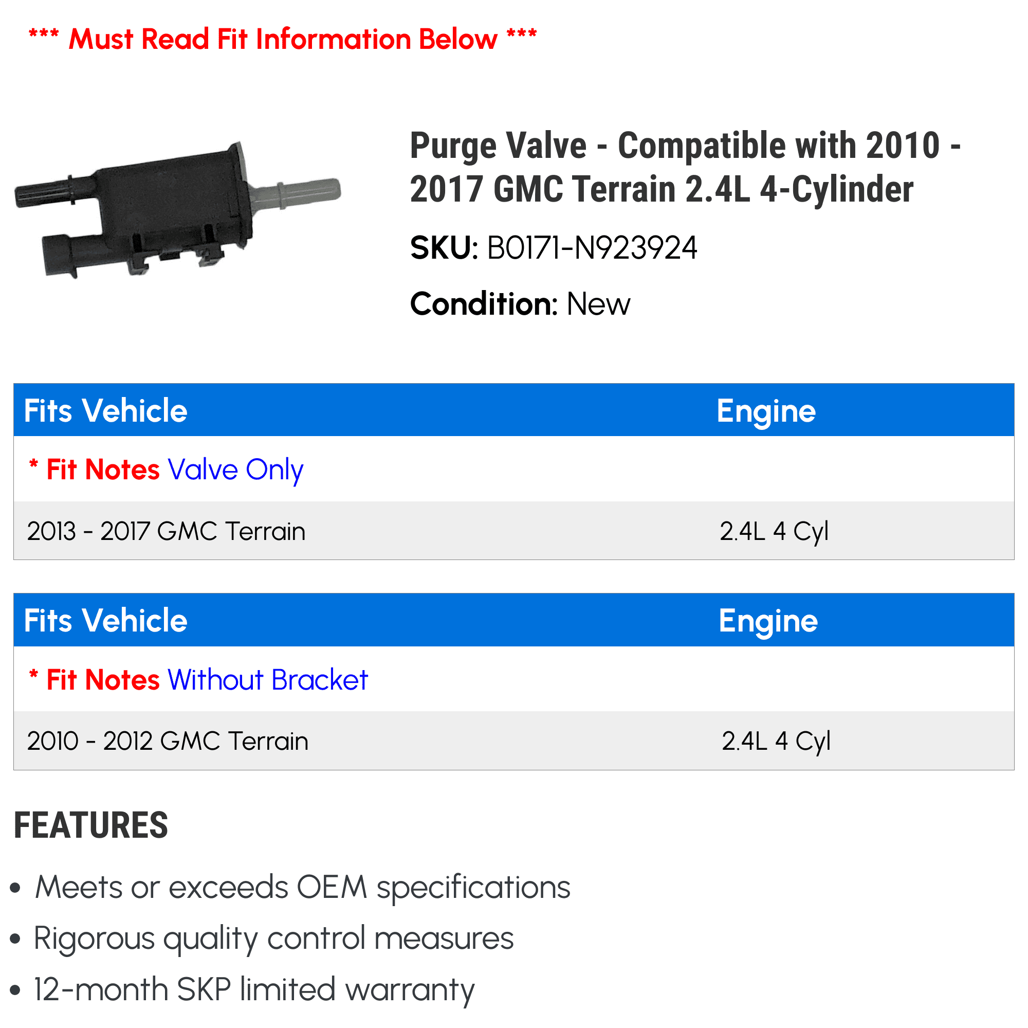 Purge Valve - Compatible with 2010 - 2017 GMC Terrain 2.4L 4-Cylinder 2011 2012 2013 2014 2015 2016