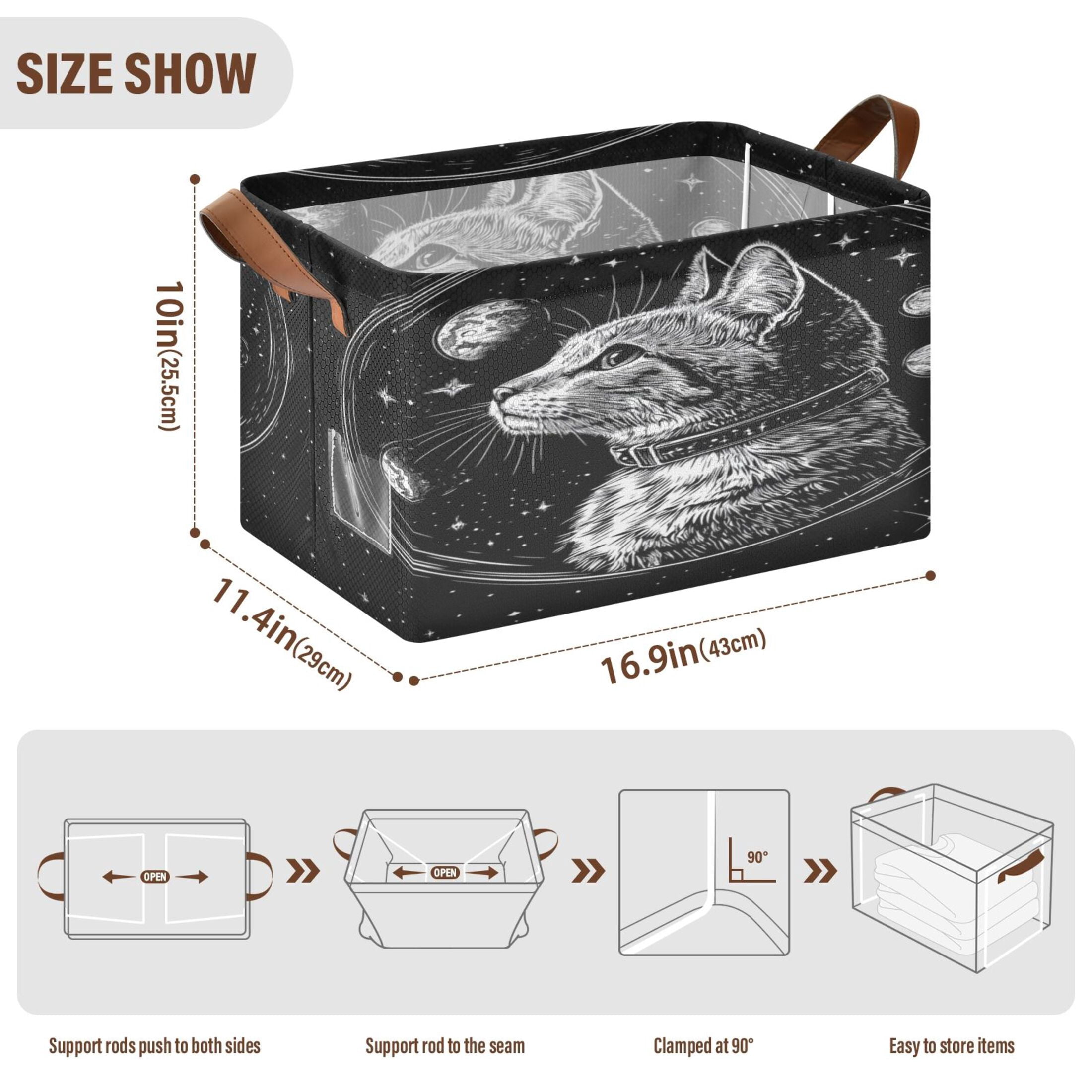 WOBOGO Cat Black Universe Pattern Storage Basket 16.9×11.4×10in Collapsible Oversized with Metal Iron Frame Set of 1