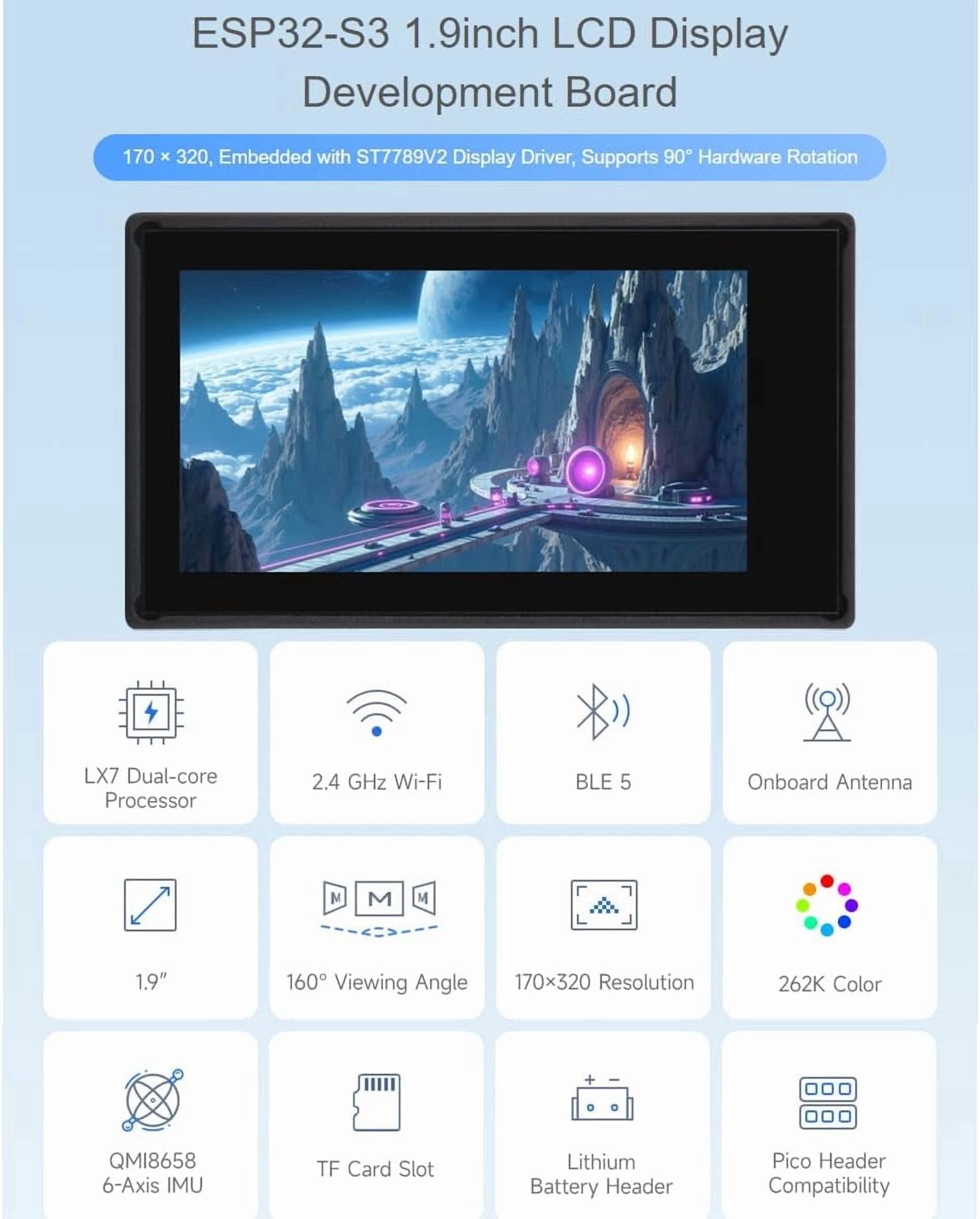 ESP32-S3 1.9inch Touch Display Development Board,170×320 Pixels 262K Color LCD Screen Support 2.4GHz WiFi and Bluetooth BLE 5 Supports 90°Hardware Rotation
