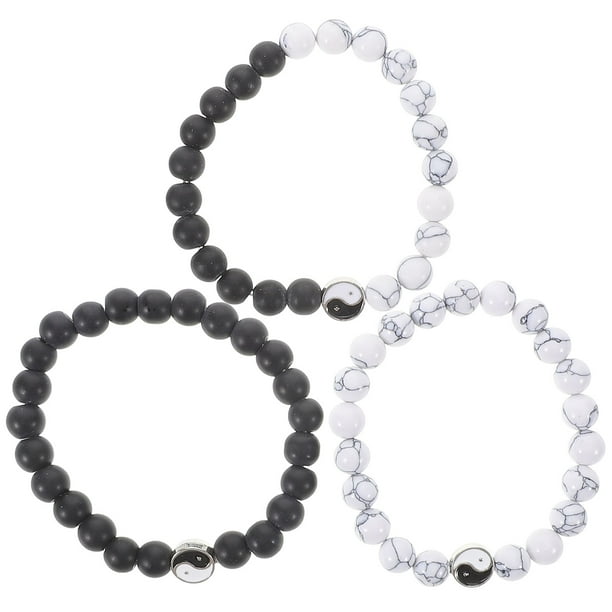 3 pulseras de cuentas blancas y negras, joyería de la amistad, pulseras elásticas de cuentas, accesorio de buena suerte para hombres y mujeres