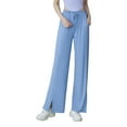 thumbnail image 1 of Floleo Womens Airy High Waisted Sun Protection Pants Slit Detail Linen Like Wide Leg Trousers(Blue,L), 1 of 2