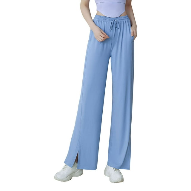 Chbgutlmr Wide Leg Pants for Women Elastic Waist Side Split Ruched Solid Color Trendy Trousers with Pockets