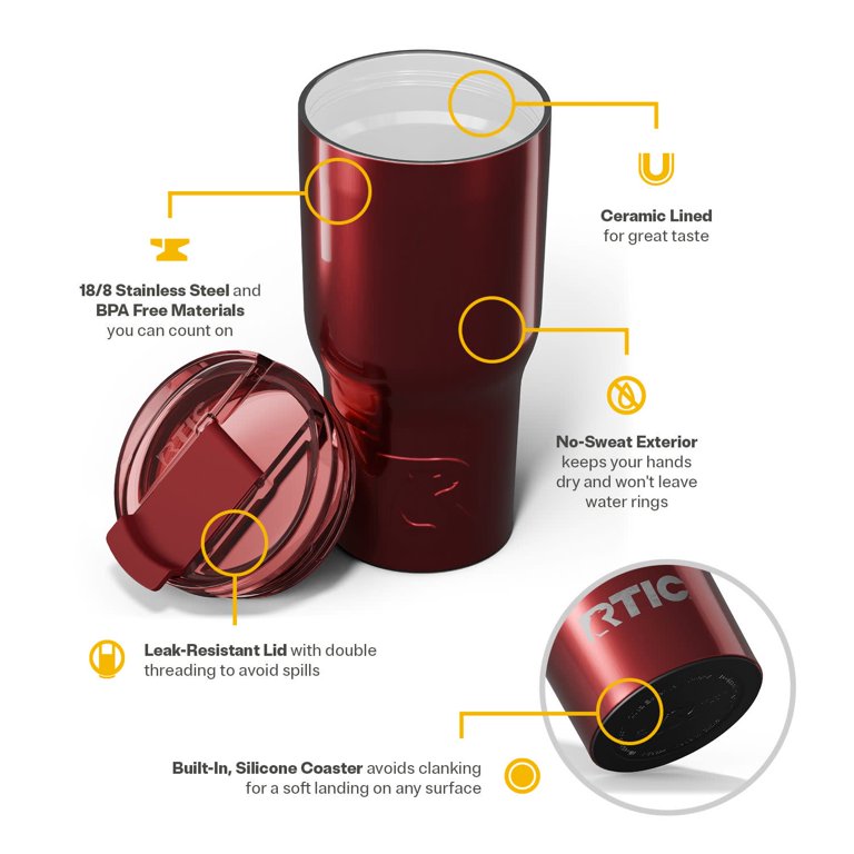RTIC 20 oz Ceramic Lined Insulated Tumbler, Leak-Resistant Lid