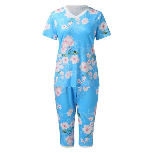 Gibobby Pijama algodón mujer Traje de dos piezas para mujer, conjunto de pijama a rayas, camisetas de manga corta y pantalones, ropa de dormir para correr(Azul,M)