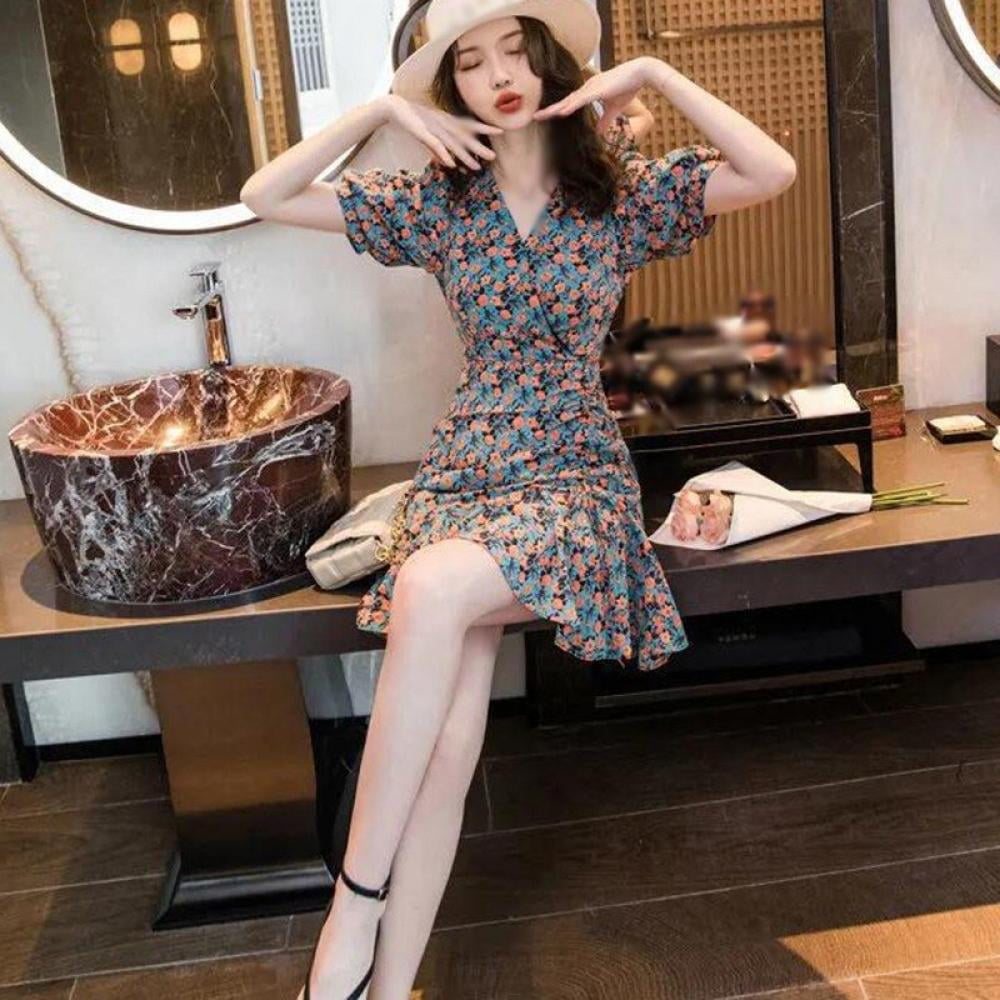 2023 Summer Vintage Floral Dress Women Sweet Party Midi Dress Office Lady  Short Sleeve Casual One Piece Dress Korean Fashion - AliExpress