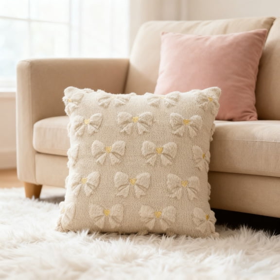 Valentines Day Soft Plush Love Bow Pillowcase, Faux Fur Wool Decorative Anniversary Pillow Cover for Sofa Home Decoration, 17.7x17.7in