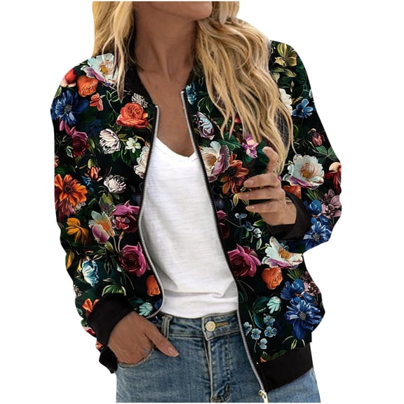 Floleo Women All Over Floral Print Zip Up Baseball Jacket, Long Sleeve Rib Trim Hoodless Casual Outerwear For Spring Autumn Daily Street Outfits(Black,M)