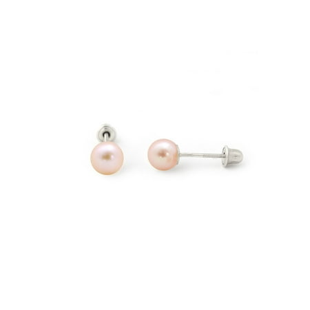 Childrens Sterling Silver Birthstone Earrings - 14k Yellow or White Gold or Sterling Silver AAA Pink Freshwater Cultured Pearl Child Safe Screwback Earrings