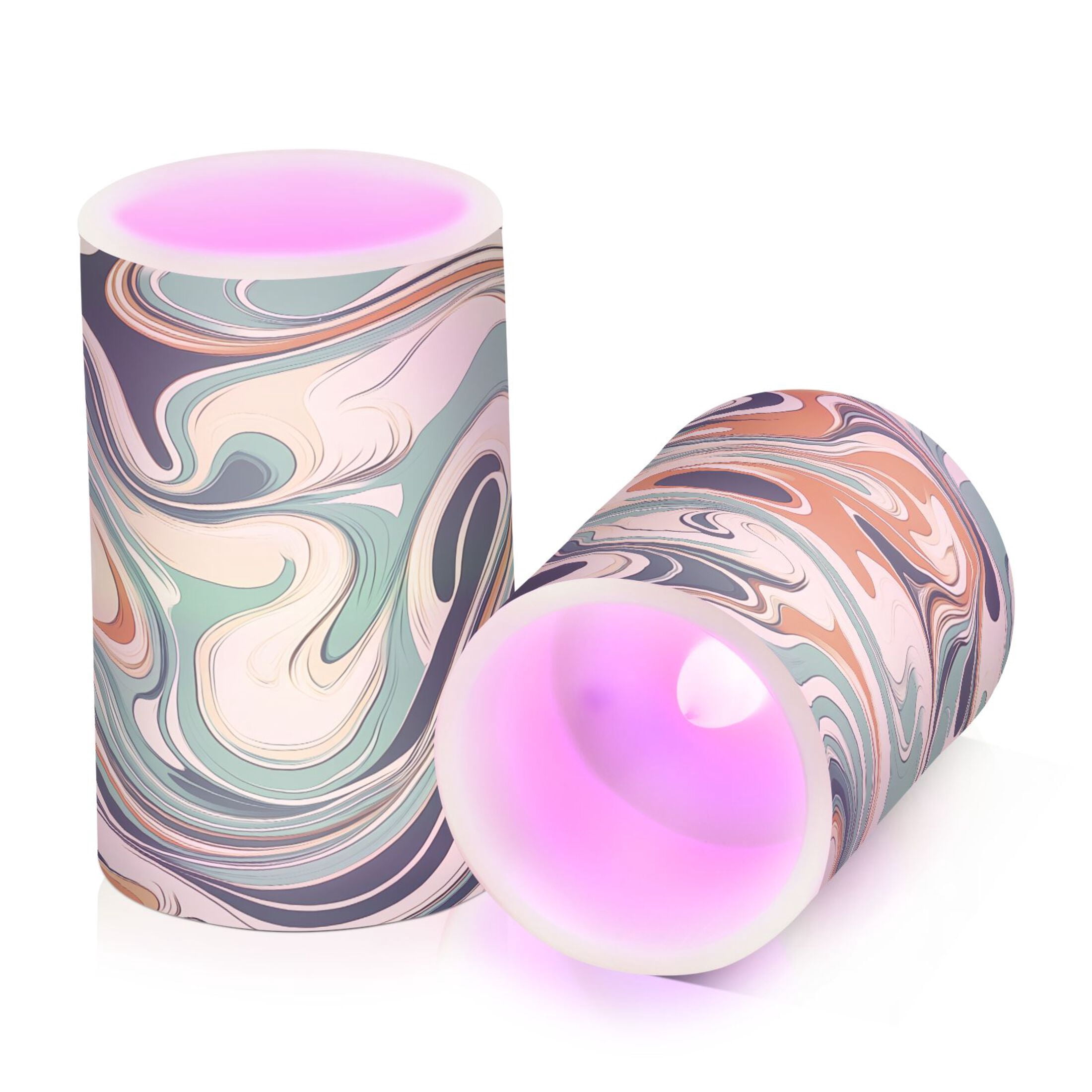 Flickering Flameless LED Candles set of 2 Battery Operated 18-Key Remotes Timer Halloween Fall Decor Teal Orange Marble D3''xH4''5''