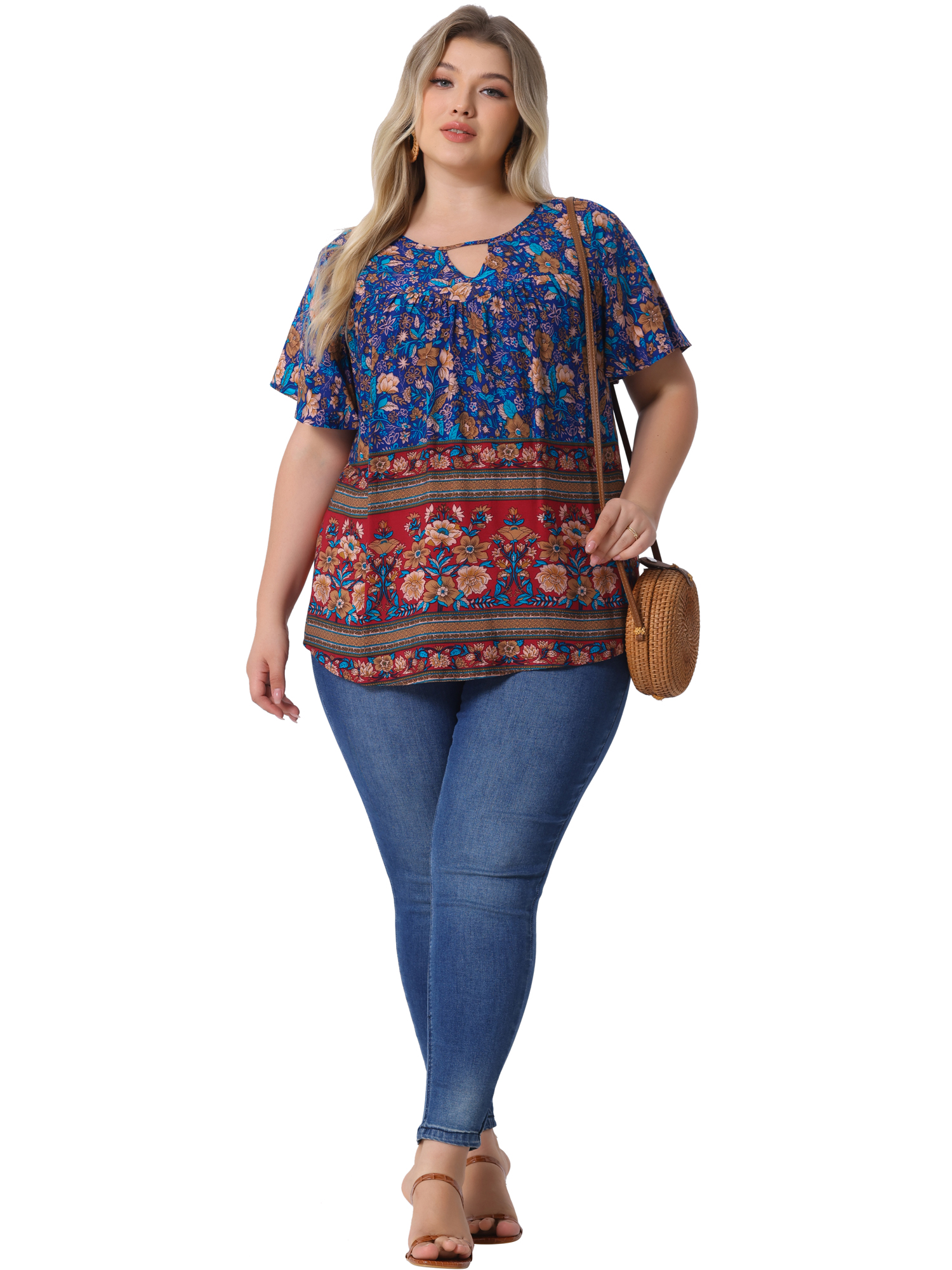 Women's Plus Women's Keyhole Ruffle Short Sleeve Boho Floral Blouse 4X Navy Blue