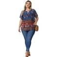 thumbnail image 3 of DARING DIVA Women's Plus Keyhole Ruffle Boho Floral Top 1X Navy Blue, 3 of 6