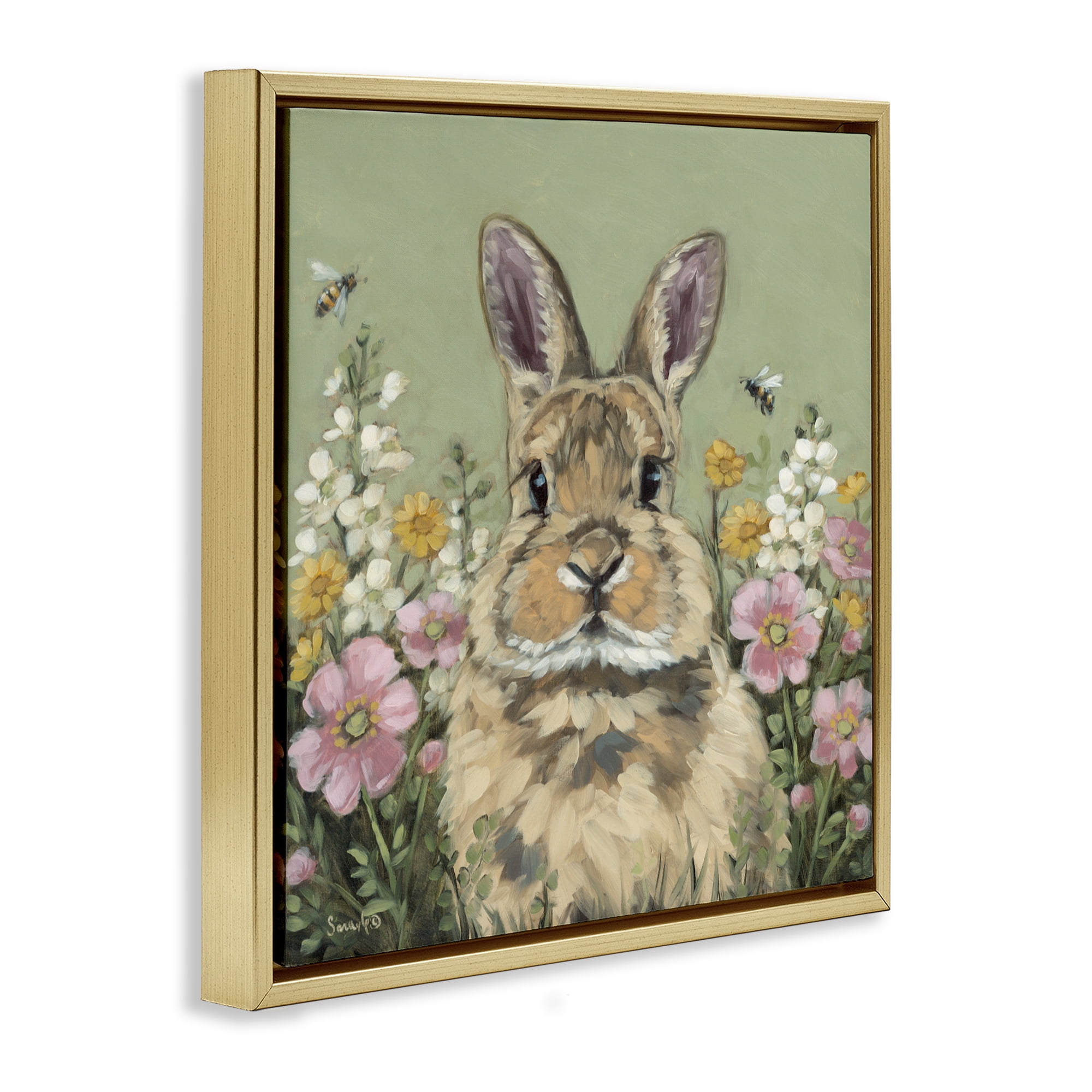 Stupell Industries Spring Abloom Rabbit Gold Framed Floater Canvas Wall Art, design by Sara G. Designs