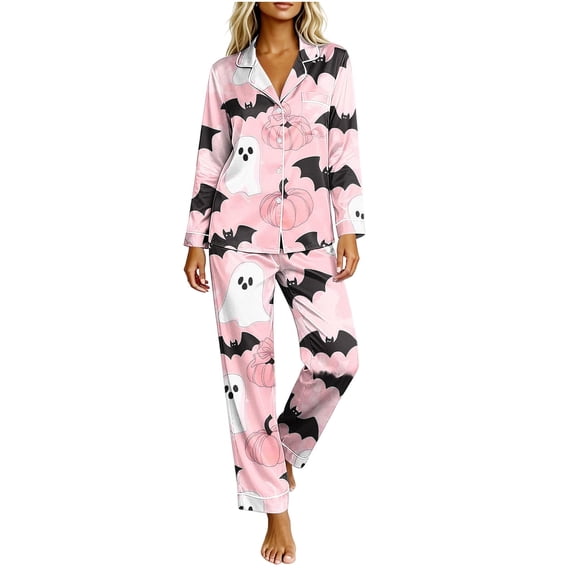 Virmaxy Pajamas for Women Set Ghost Print Halloween Pajama Set Button Down Notch Collar Cute Bat Silky Sleepwear Lounge Set for Fall Holiday Pink