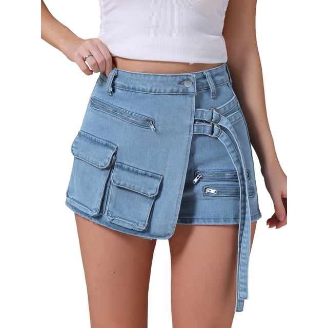 Falda de mezclilla para mujer INSPIRE CHIC, skort con cremallera decorativa, estilo Y2K, de cintura alta, falda corta de mezclilla falsa en color azul gris.