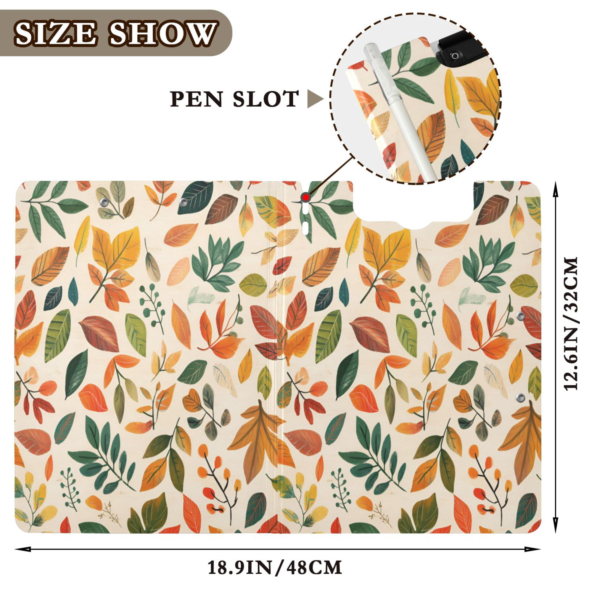 FORMRS A4 Clipboard Folder with Pen Holder Horizontal Foldable School Office Binder, Beige Retro Leaves
