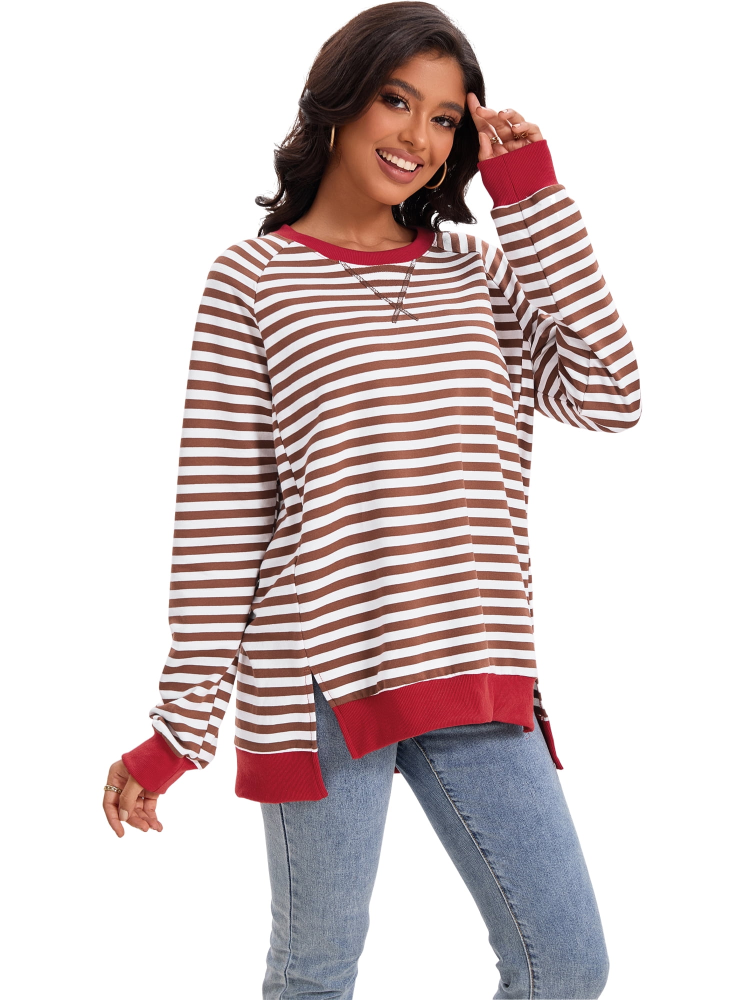 Unique Bargains Women's Striped Oversized Crewneck Pullover Tops S Coffee White
