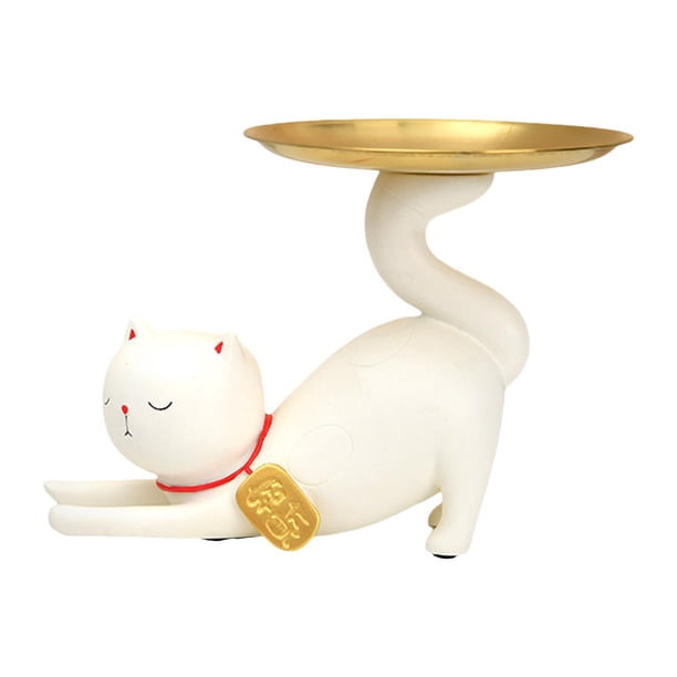 Estatua de gato de , decoración Feng Shui con bandeja de almacenamiento, regalo de vacaciones, decoración china de gato de buena para