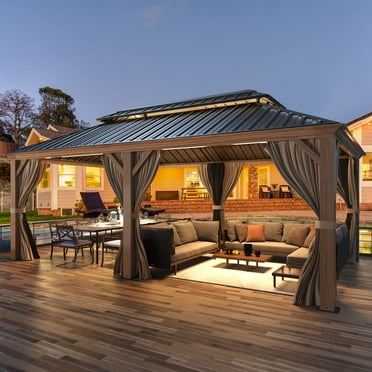 EROMMY 12' X 20' Hardtop Gazebo, Wooden Finish Coated Aluminum Frame Gazebo with Galvanized Steel Double Roof with Curtains and Netting