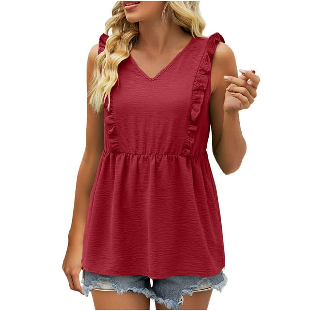 Yuyuzo Womens Babydoll Tank Tops V Neck Ruffle Sleeveless Shirts Pleated Summer Shirts Top Blouses