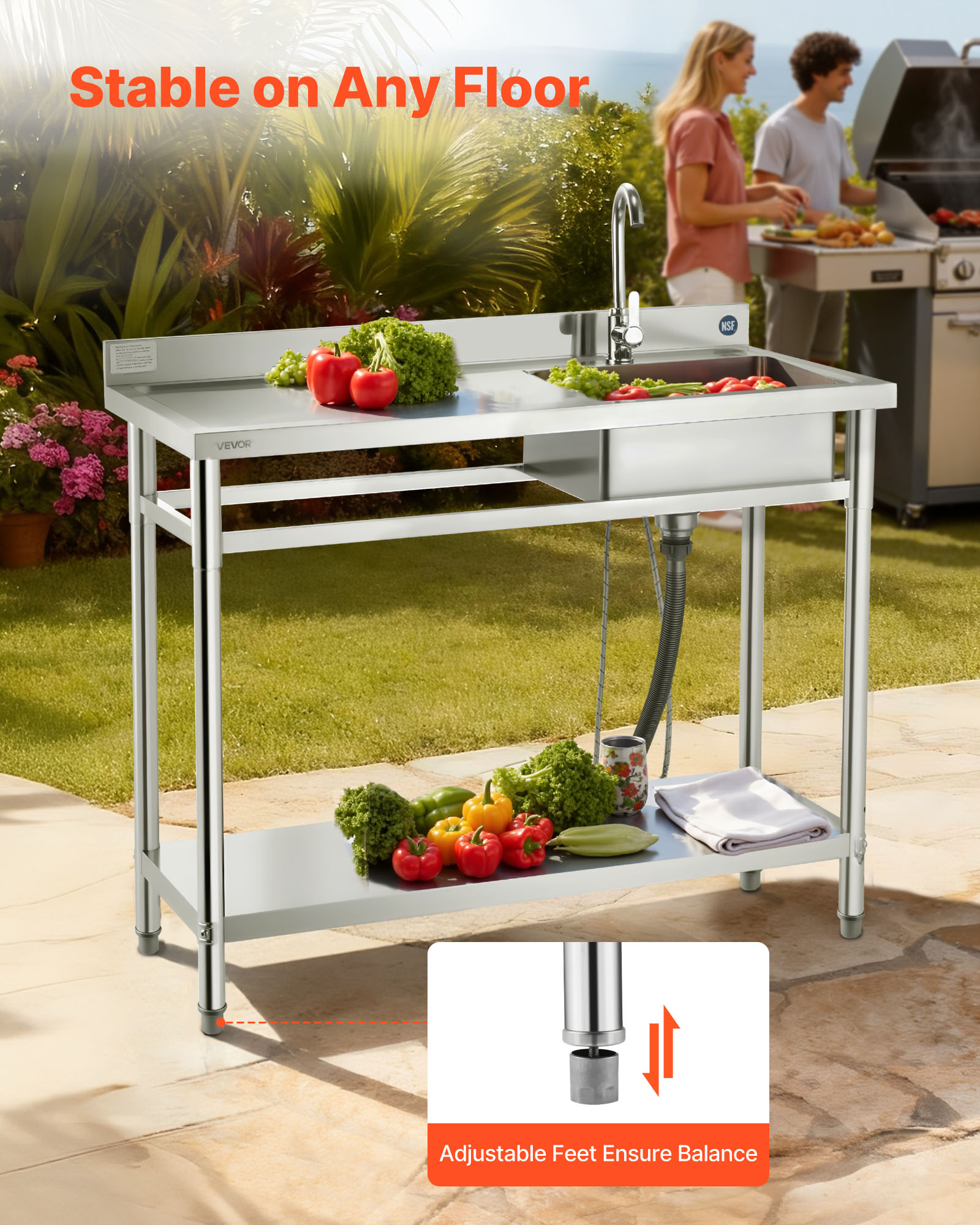 VEVOR Stainless Steel Utility Sink, Free Standing Single Bowl Commercial Kitchen Sink with Faucet, Utility Left Basin Workbench with Hot & Cold Water Pipe for Garage Restaurant Laundry, 47x19.7x37 in