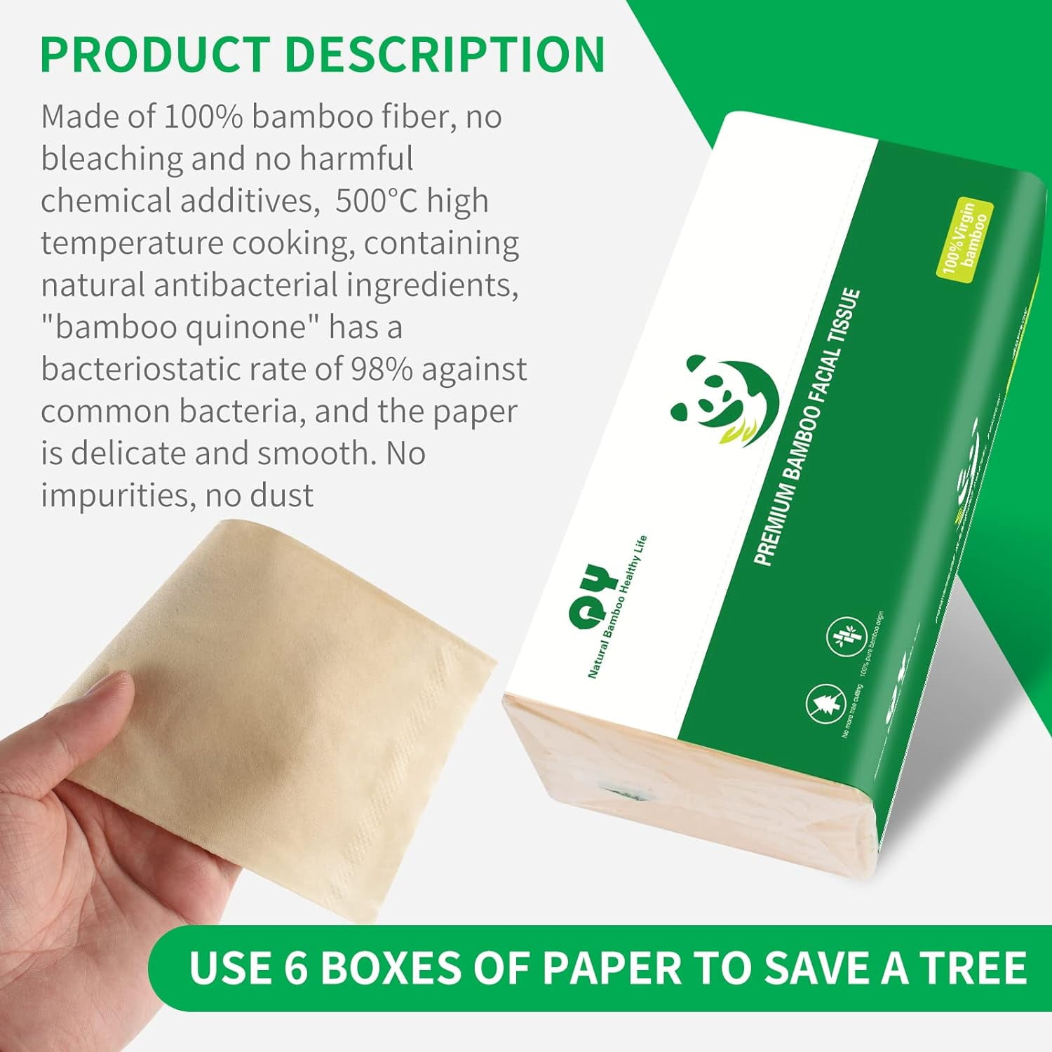 QingYa Bamboo Facial Tissue, 3 Ply Soft Unbleached Facial Paper, 12 Packs, 134 Tissues per Pack