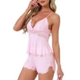 thumbnail image 4 of INSPIRE CHIC Women's Pajama Set Lace V Neck Nightwear Cami Tops with Elastic Waist Slit Shorts Camisole Lingerie Sets L Pink, 4 of 6