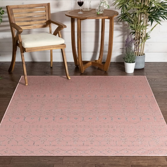 Well Woven Nors Blush Pink Indoor/Outdoor Flat Weave Pile Nordic Lattice Pattern Area Rug 5x7 (5'3" x 7'3")