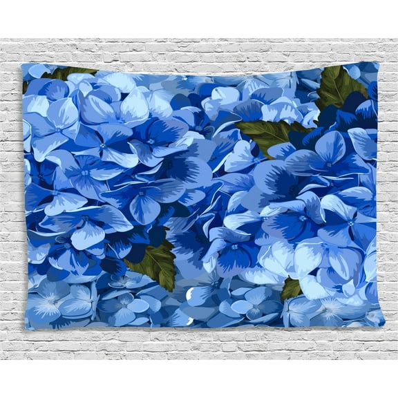 Vintage Blue Tapestry, Bundles of Blue Hydrangea Hortensis Flower Realistic Design, Wall Hanging for Bedroom Living Room Dorm Decor, 60W X 40L Inches, Blue and Dark Olive Green, by Ambesonne
