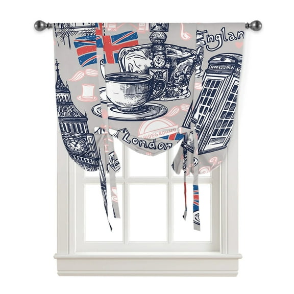 London Big Ben Coffee Union Jack Window Curtain for Living Room Roman Curtains for Kitchen Cafe Tie Up Short Drapes