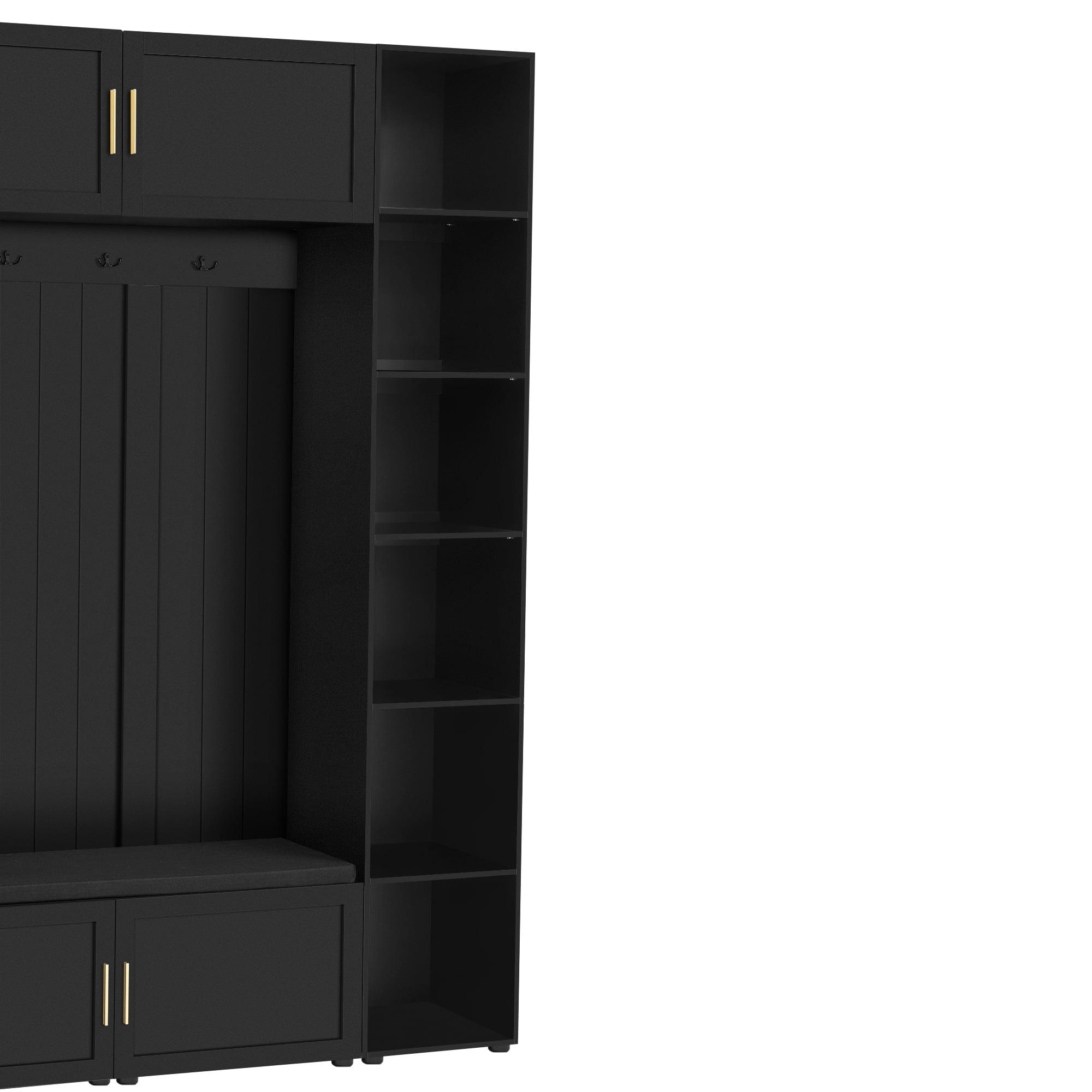 T-Foyer Modern Black 4-in-1 Hall Tree with 4 Hooks, Padded Bench & Cabinets, Wooden Rustic Entryway Organizer with Open Storage & 3 Drawers