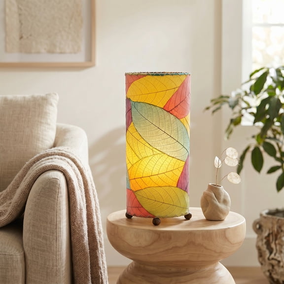 Eangee Home Design Cocoa Leaf Cylinder Table Lamp, Shade Made Of Cocoa Leaves, 7x7x17 Inches