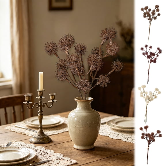 Vintage Burdock Ball Artificial Floral Stems - Dried Chestnut Branch Picks Vase Filler Farmhouse Home Decor Accessories Boho Table, Beige, Ccwuwei
