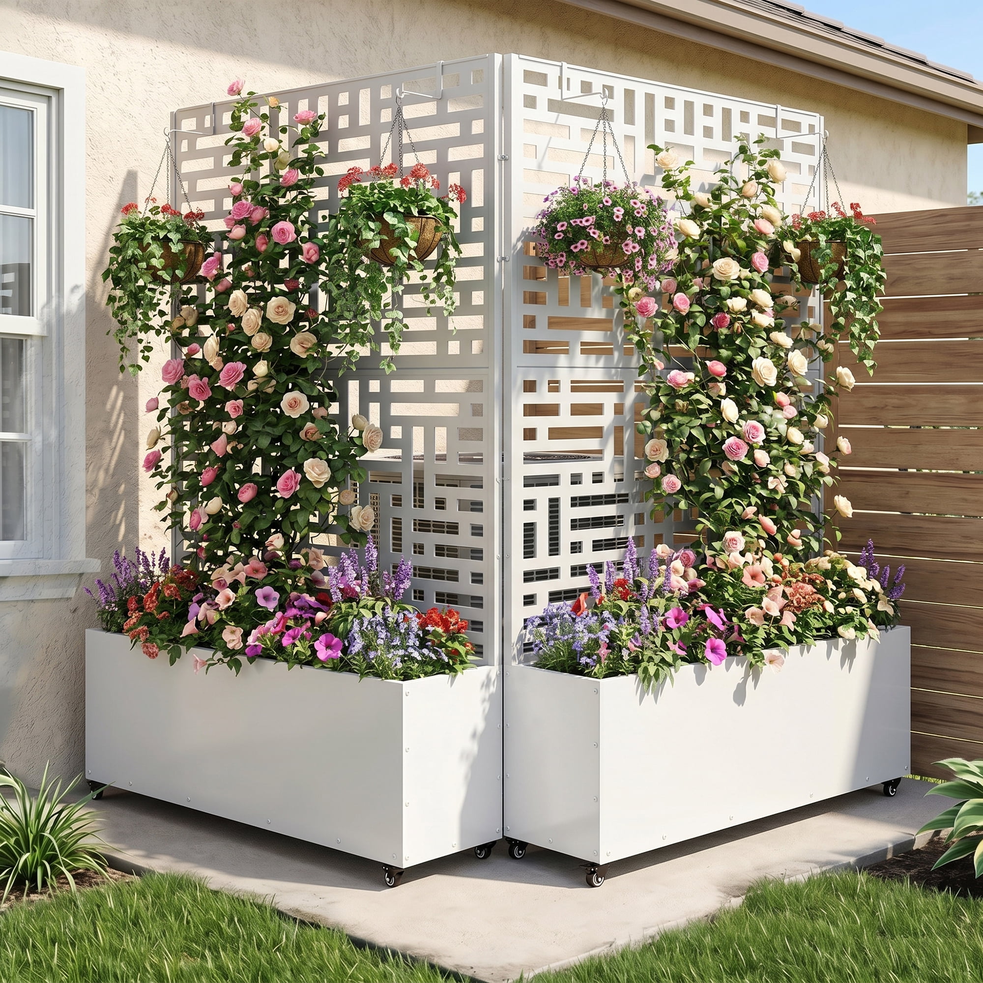 71'' H Metal Planter with Trellis and Wheels Set of 2, Outdoor Raised Garden Bed for Climbing Plants, Trellis Planter Box with Drainage Hole, White