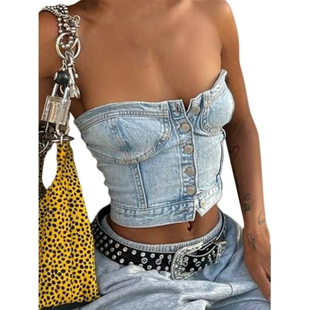 

Women Denim Vest Off Shoulder Strapless Sleeveless Short Wrap Chest Button Down Slim Fit Corset Bustier Streetwear