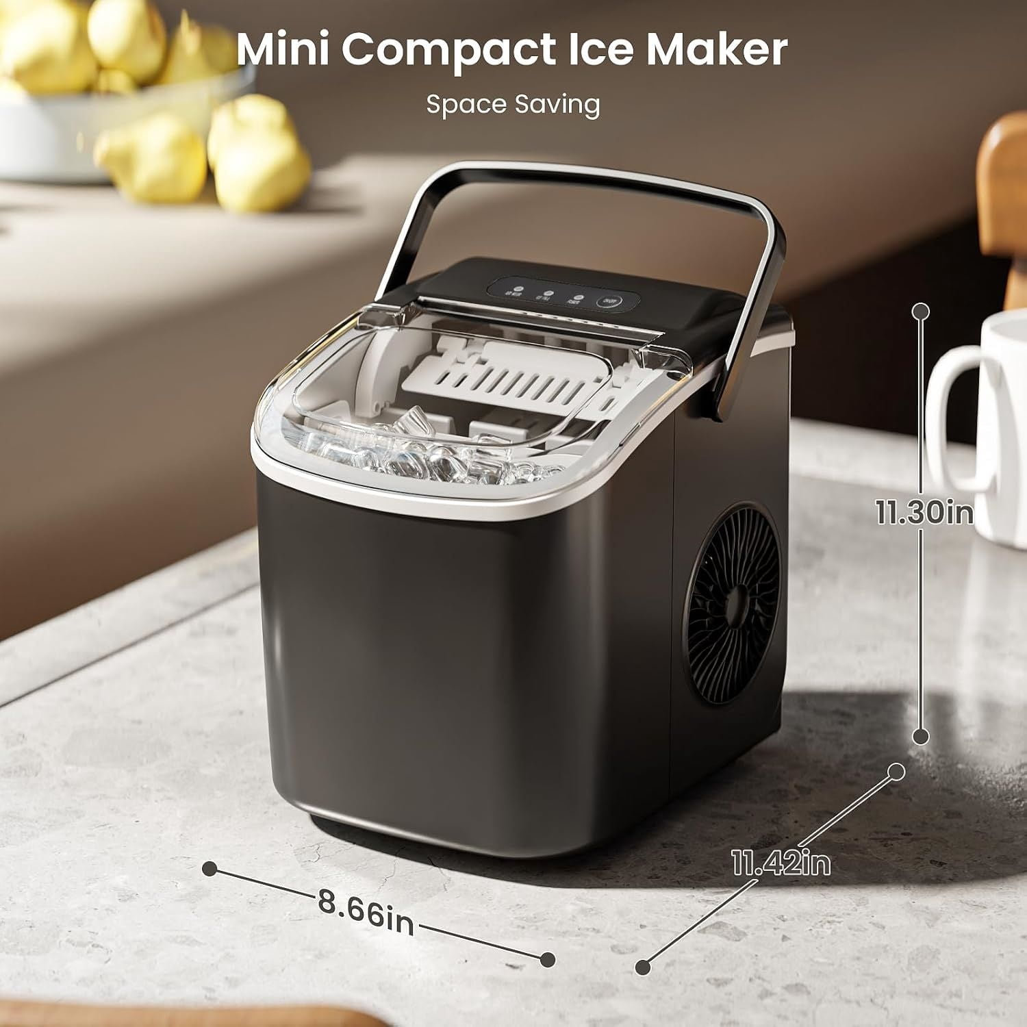 Ice Makers Countertop with Auto-Cleaning, 9 Bullet Ice Cubes in 6 Mins, 26lbs/Day, Portable Ice Machine with Handle, Basket and Scoop for Home, Kitchen, Office, Party
