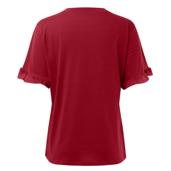 QYZEU Tee Shirts Womens Ruffle Short Sleeve Casual T Shirts Plain Round Neck Loose Fit Tee Blouse Soft Breathable Comfortable Lightweight Tops L